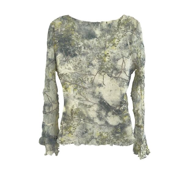 Komarov Crinkle Floral Print Top Size L v-Neck Long Sleeve Green Yellow Layered - Picture 6 of 12